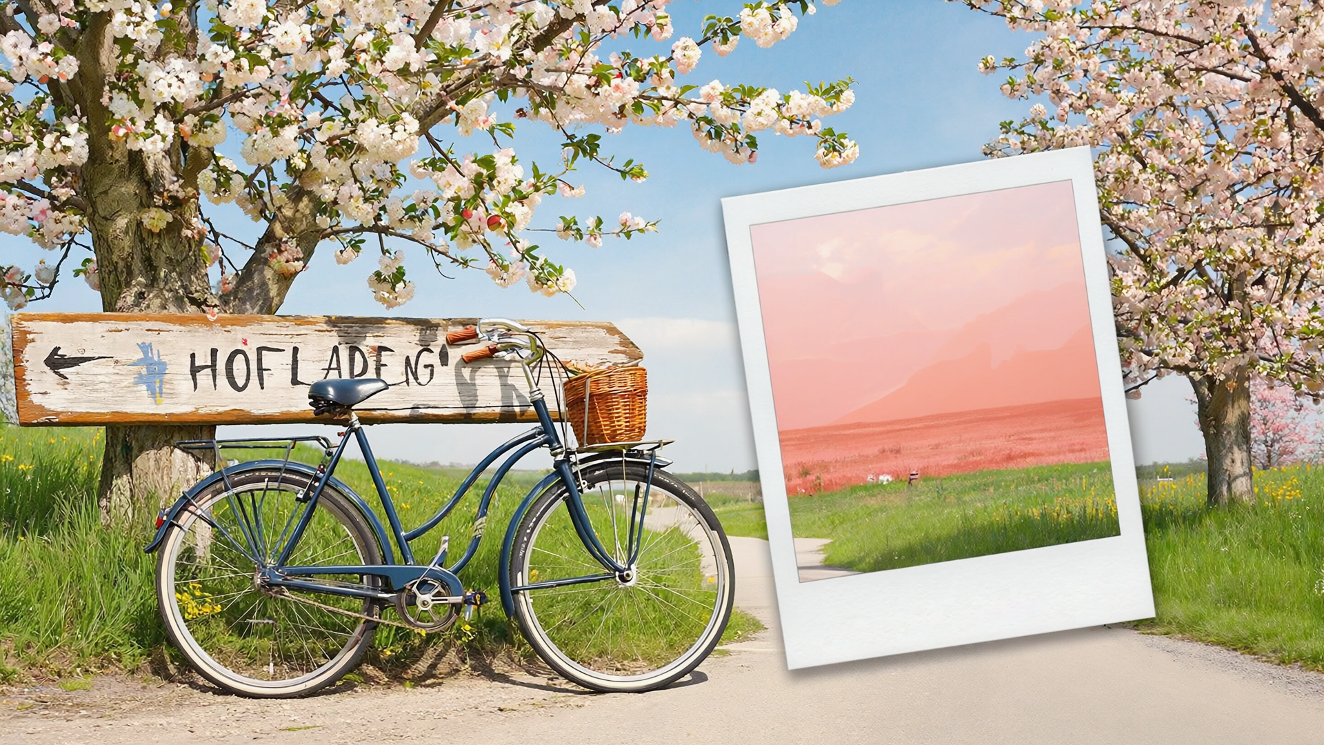Fahrrad an einem Holzschild mit Hofladen-Pfeil, im Hintergrund blühende Obstbäume