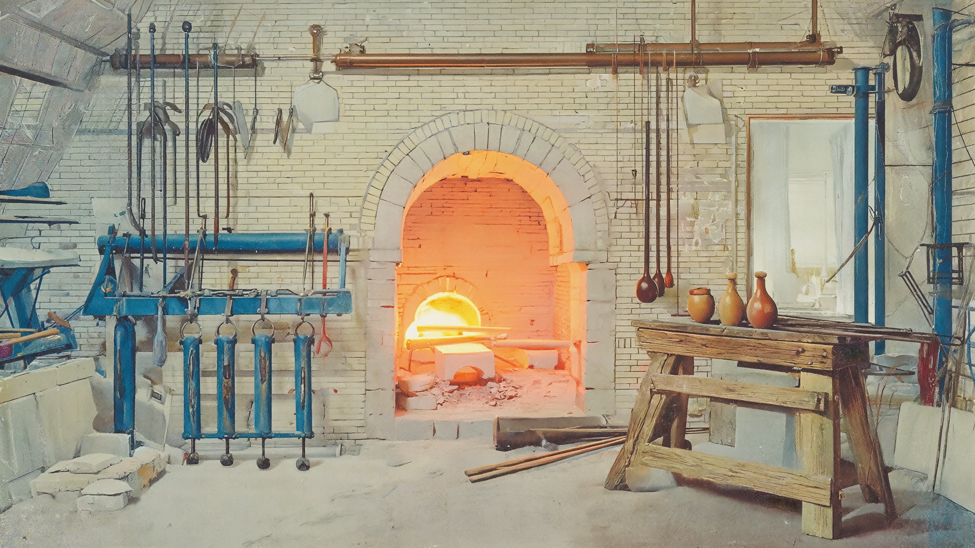 Historischer Glasschmelzofen aus Backstein, daneben hängende Glaspfeifen und ein Holztisch